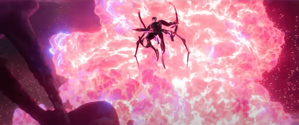 An animated character set against the backdrop of an impressive explosion.